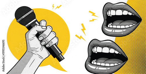 Hand Holding Microphone with Open Mouths and Speech Bubble Symbolizing Public Speaking Podcast Debate and Vocal Expression Concept