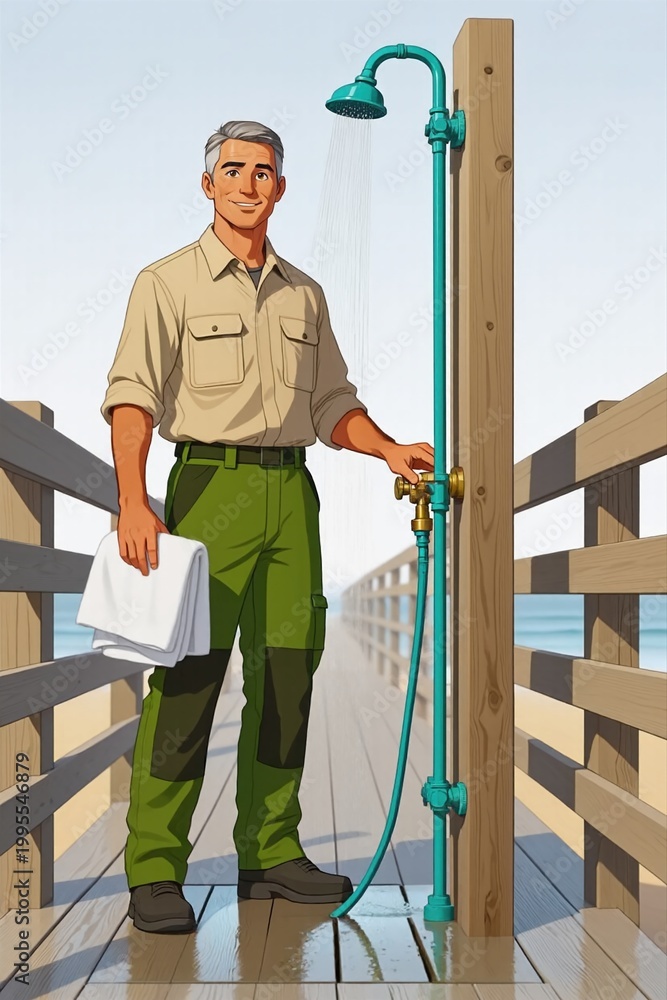 Fototapeta premium Boardwalk maintenance aide cleaning a seaside shower on the wooden pier