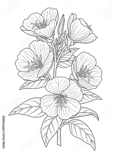 Line art evening primrose isolated white background 