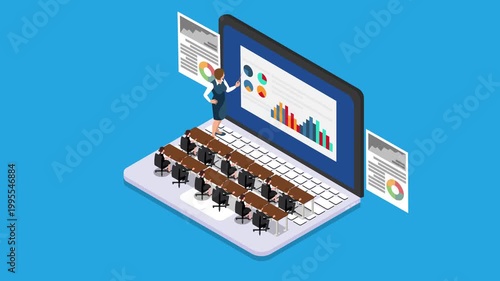 Online Education and Corporate Training Concept with Business People Sitting at Desks on a Laptop Keyboard and Teacher Presenting Financial Data Charts 3d animation cartoon