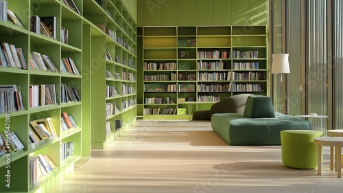 A contemporary library including a sunny reading room, green bookshelves, and a tidy interior