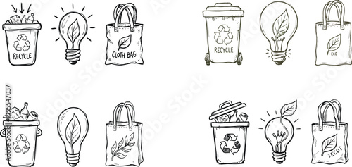 Eco friendly doodle set with recycling bins light bulbs and cloth bags for sustainable living concepts.