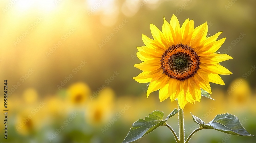 Obraz premium Vibrant Sunflower Field Under Bright Blue Sky, Capturing the Essence of Summer s Joyful Beauty