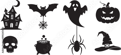 Large grid of fifteen black silhouette jack-o-lantern pumpkin faces with various spooky, funny, and scary expressions