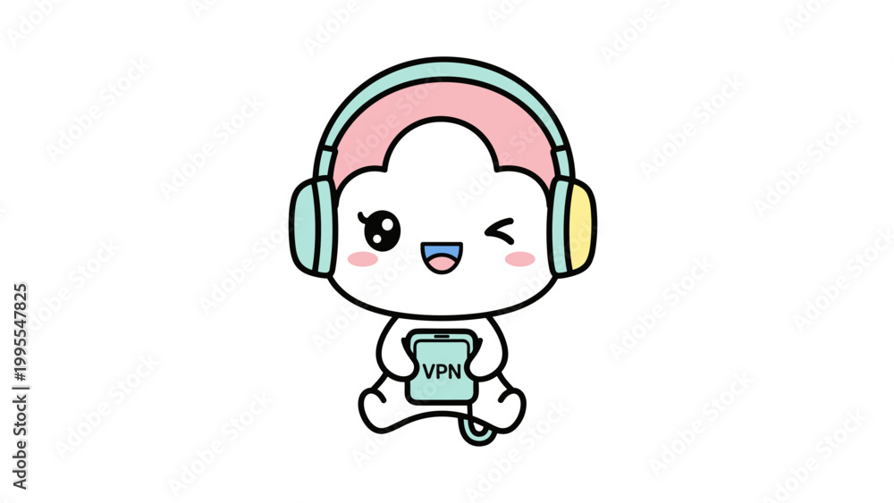 Fototapeta premium Cute cartoon character, colorful headphones, white background, digital illustration, sticker style