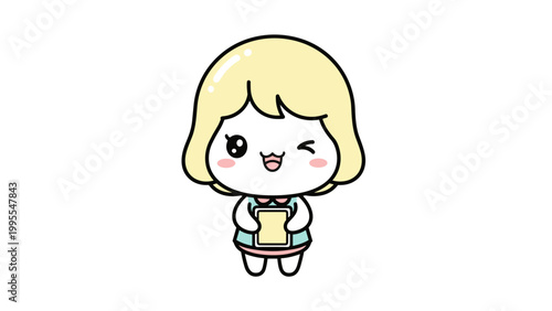 Cute blonde girl, cartoon character, smiling face, vector illustration, kids design element