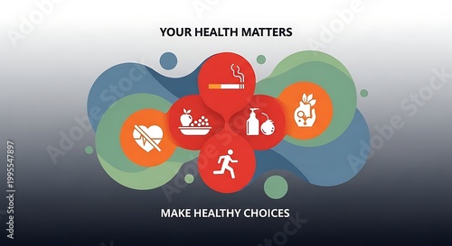 Healthy lifestyle choices promoted through various wellness icons and actions