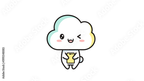 Cute cloud character, smiling cartoon cloud, winking face, yellow trophy, white background
