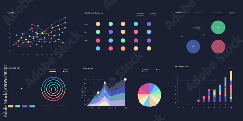Abstract data visualization dashboard with charts graphs and colorful elements