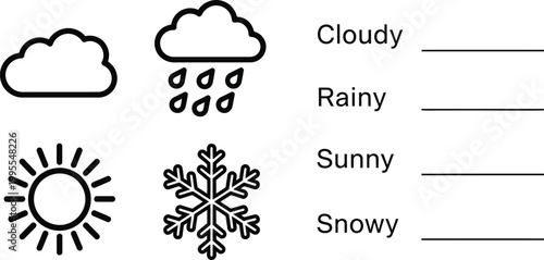 Weather Icons: Cloudy, Rainy, Sunny, Snowy - Simple Line Art