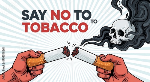 Two hands breaking cigarettes with a skull smoking in the background saying no to tobacco