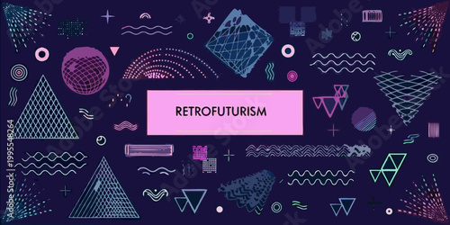 Abstract retrofuturism design with geometric shapes and vibrant neon colors