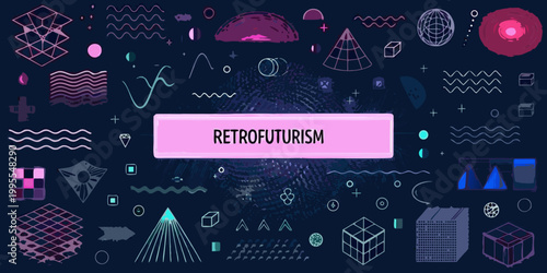 Colorful retrofuturism illustration with geometric shapes and abstract designs
