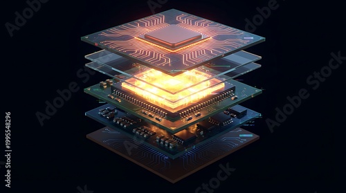 futuristic layered electronic microchip processor diagram showcasing intricate circuitry glowing with orange and yellow light on black background representing advanced technology and innovation.