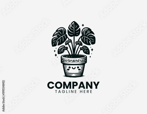 Black vector Monstera deliciosa plant logo in a cute ceramic pot on white background.