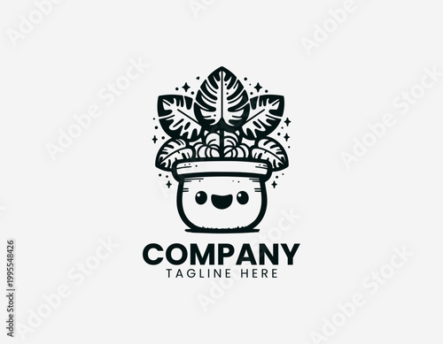 Black vector Monstera deliciosa plant logo in a cute ceramic pot on white background.