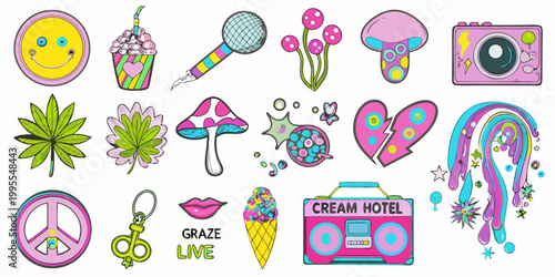 Colorful collection of whimsical stickers featuring retro and nature themes