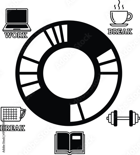 Work-life balance concept, time management, productivity, and relaxation icons.