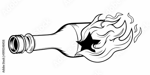 Flaming molotov cocktail with a star inside black and white illustration