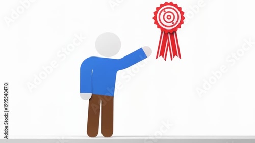 Abstract figure reaching for a red award ribbon with a target symbol.