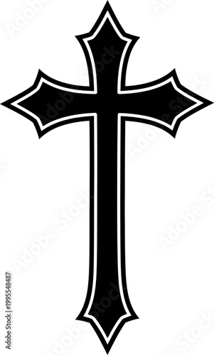 A striking black celtic cross emblem sharply defined with pointed edges symbolizing faith and spiritual beliefs in a bold design