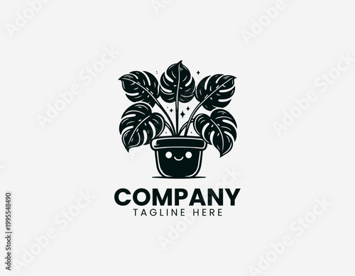 Black vector Monstera deliciosa plant logo in a cute ceramic pot on white background.