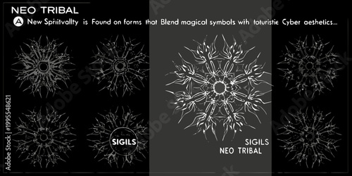 Neo tribal sigils displayed in a black and white symmetrical arrangement