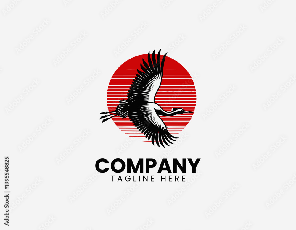 Fototapeta premium Flying crane bird with red sun black vector illustration