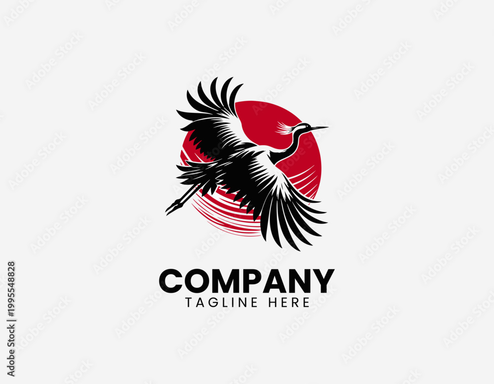 Fototapeta premium Flying crane bird with red sun black vector illustration