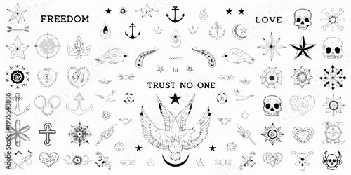 Collection of nautical and symbolic black and white tattoo flash designs