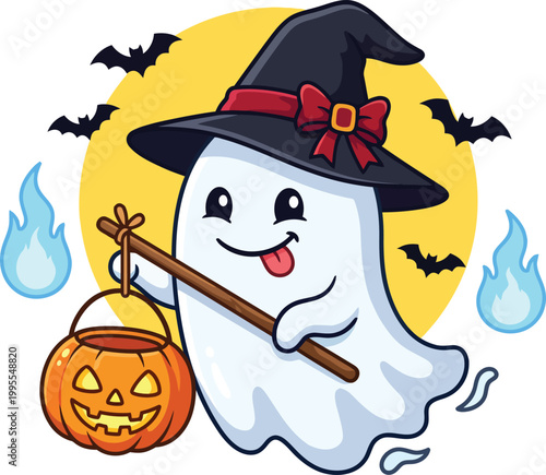A cartoon ghost wearing a witch hat holds a pumpkin bucket isolated on white background for halloween