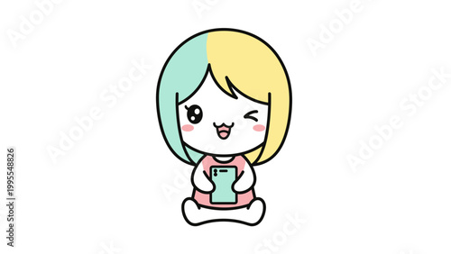 Kawaii chibi girl character vector, cute anime girl with pastel hair holding a smartphone, winking cartoon mascot for social media and mobile apps