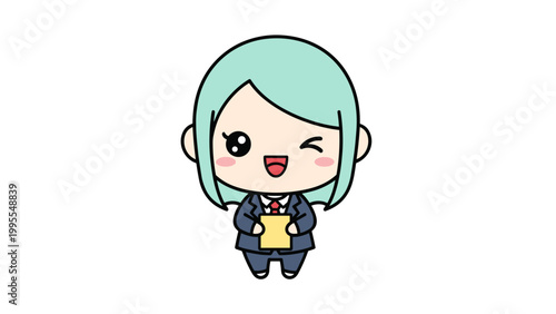 Kawaii business girl vector character, cute chibi businesswoman winking and holding document, professional female office worker mascot in suit