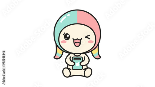Kawaii anime character mascot, cute pastel chibi girl holding a smartphone, adorable winking cartoon avatar for mobile apps and social media
