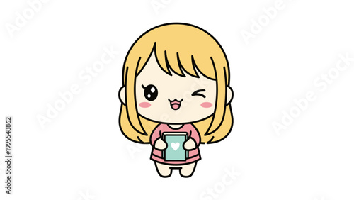 Kawaii chibi girl holding smartphone with heart icon, cute blonde anime character winking, adorable cartoon woman using mobile phone vector illustration