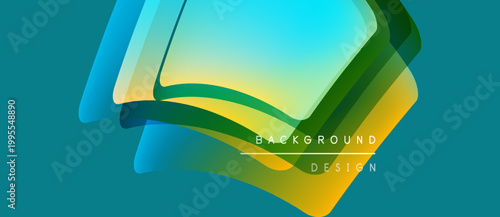 Abstract shapes overlap, creating vibrant color gradients. Teal, blue, green, yellow hues blend seamlessly. Modern design element.
