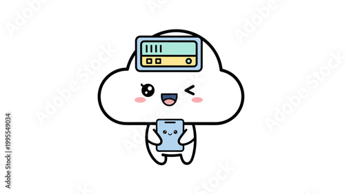 Kawaii cloud character holding smartphone, cute cloud computing mascot with server icon, friendly technology vector illustration for web hosting