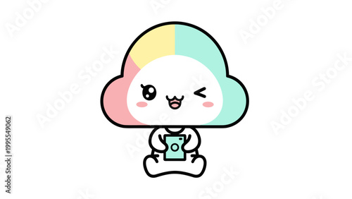 Kawaii cloud character vector, cute pastel mascot holding a tablet, winking emoji cloud person illustration, colorful tech-themed mascot for apps