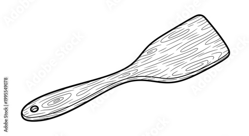 Minimalist black and white vector illustration of a wooden spatula, hand drawn kitchen utensil for cooking and frying isolated on white background.