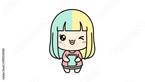 Kawaii anime girl vector illustration, cute chibi character with pastel hair holding a tablet, winking cartoon girl mascot for digital lifestyle