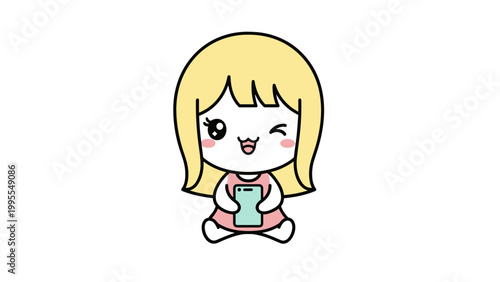 Kawaii chibi girl holding smartphone vector, cute blonde character winking with mobile phone, adorable anime girl using digital device illustration