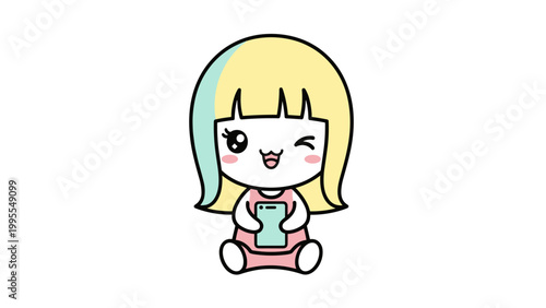 Kawaii anime girl vector illustration, cute chibi character winking and holding a smartphone, pastel colored cartoon girl with yellow hair