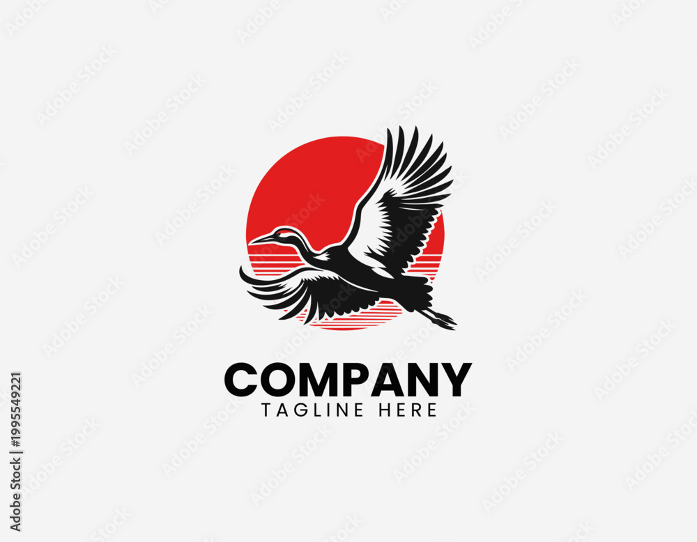 Fototapeta premium Flying crane bird with red sun black vector illustration