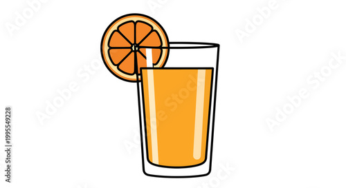 Hand drawn black and white vector illustration of fresh orange juice in a glass with a citrus slice, healthy fruit drink minimalist line art.