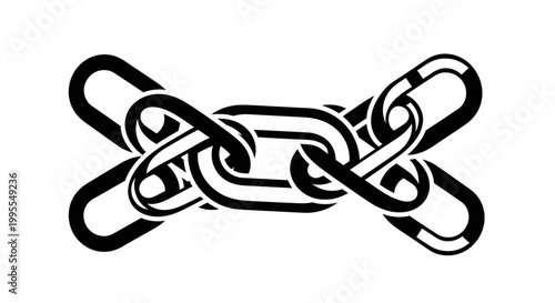 Black and white iron chain links illustration, heavy duty metal chain silhouette isolated on white background, symbol of strength and connection.