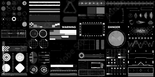 Black and white collection of technical interface elements and warning signs