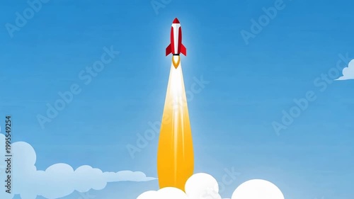 Red rocket ship launching into blue sky with white clouds and bright flames