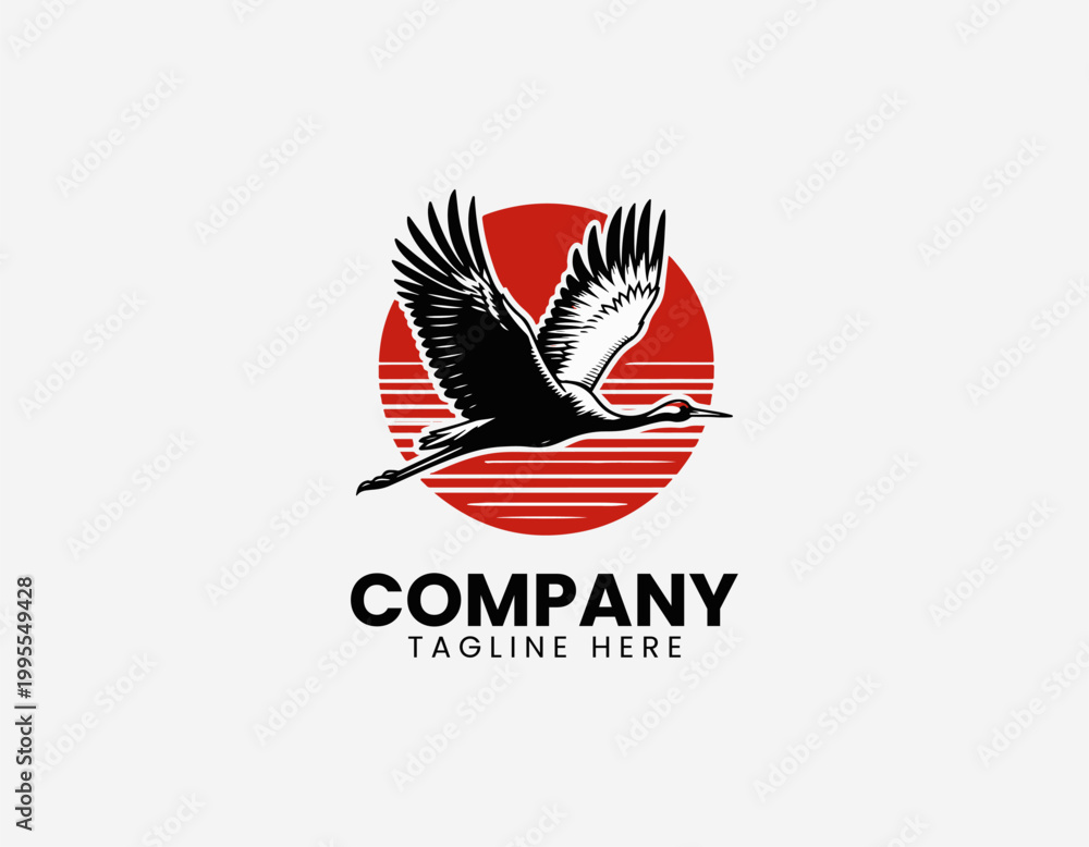 Fototapeta premium Flying crane bird with red sun black vector illustration