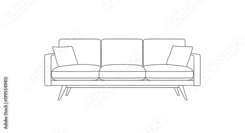 Minimalist mid-century modern sofa illustration, vintage furniture vector icon, black and white linear stylish couch design isolated on white background.