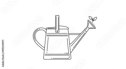 Minimalist black and white vector illustration of a classic watering can, isolated on a white background, perfect for gardening and horticulture design elements.